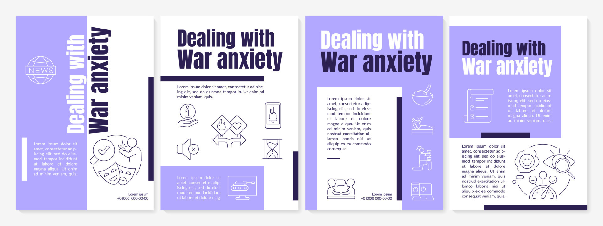 Coping with war anxiety purple brochure template. Stress reducing