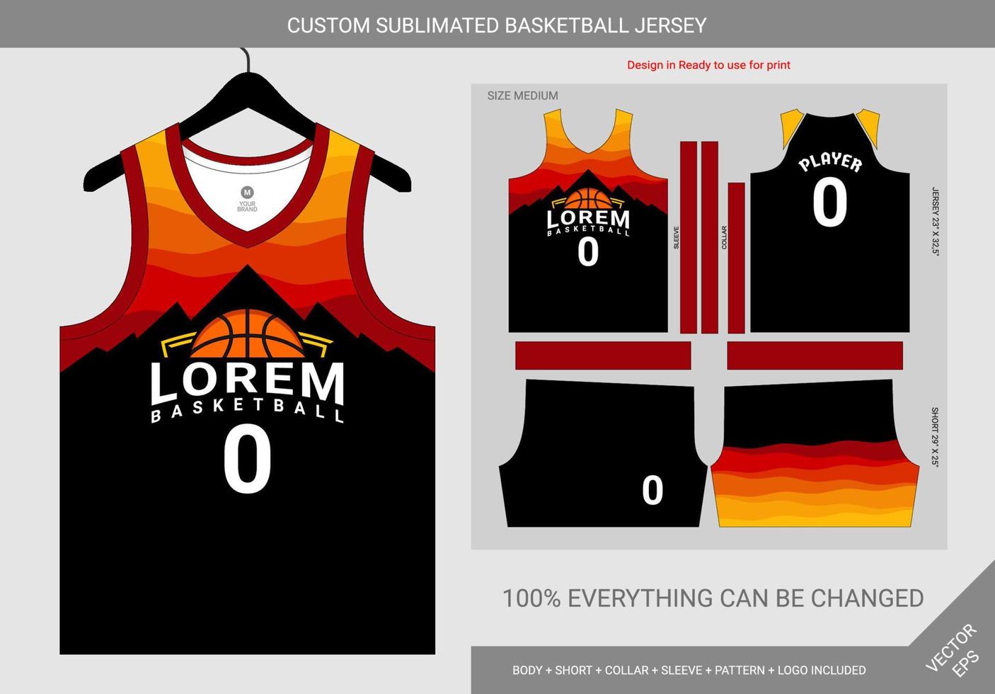 plantilla de camiseta de baloncesto roja amarilla de montaña vector