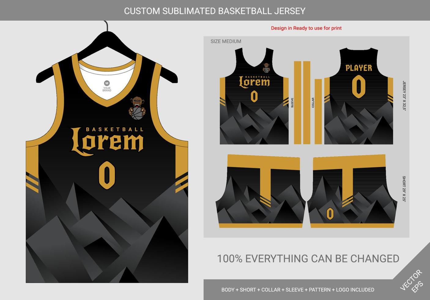 plantilla de camiseta de baloncesto de oro negro y gris de montaña vector