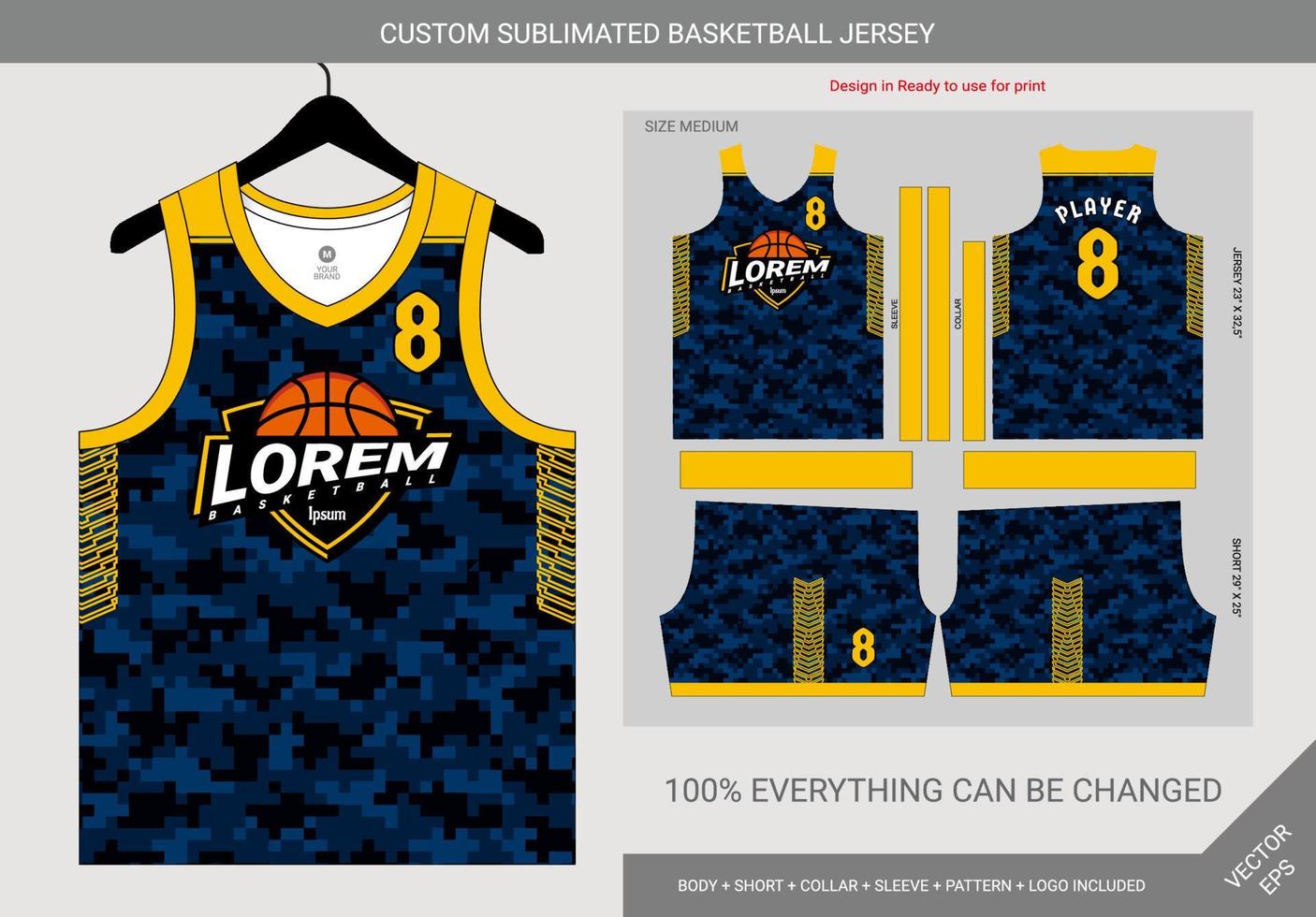 camo navy and yellow arrow basketball jersey template vector