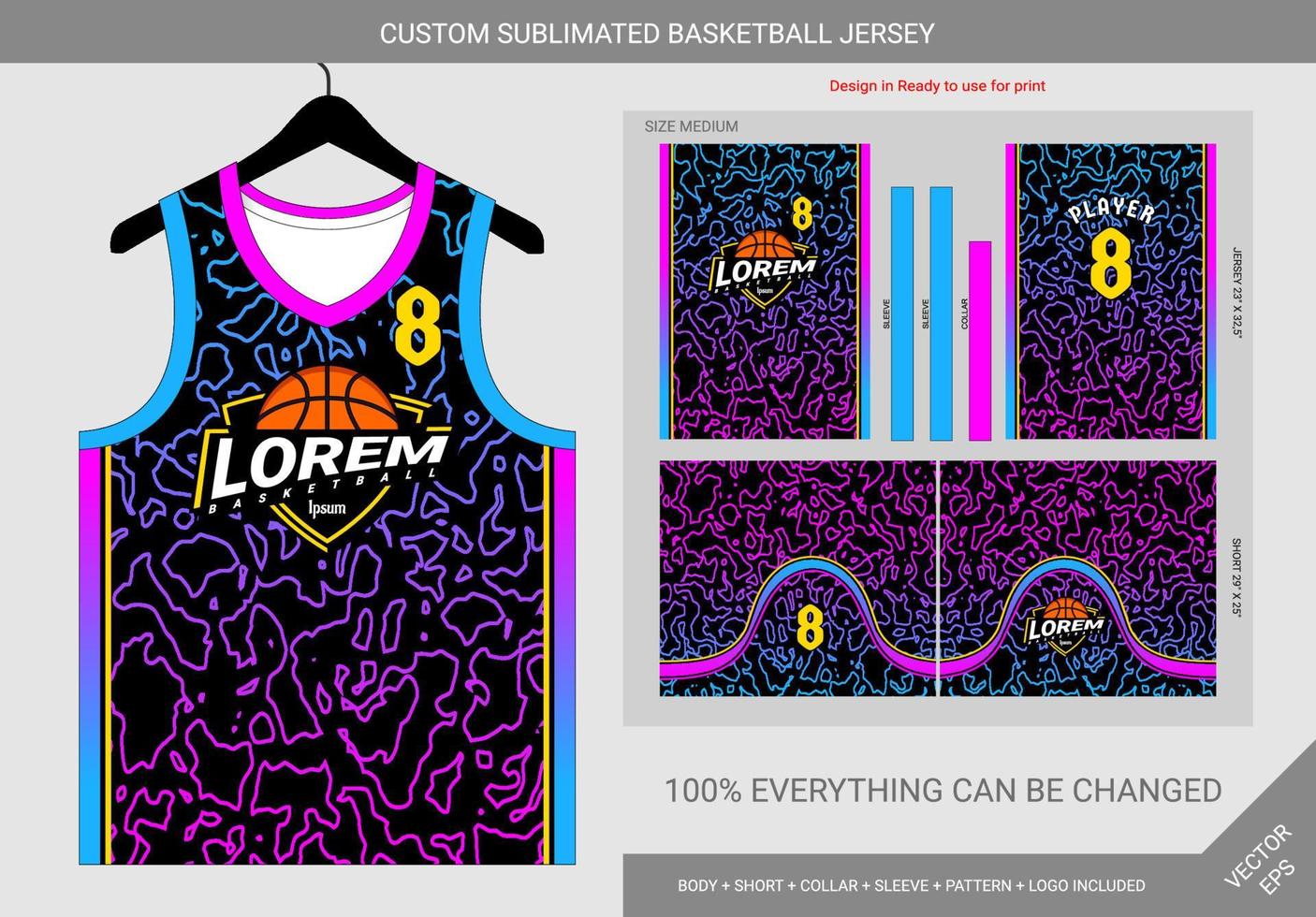 plantilla de camiseta de baloncesto de líneas cian y magenta abstractas vector