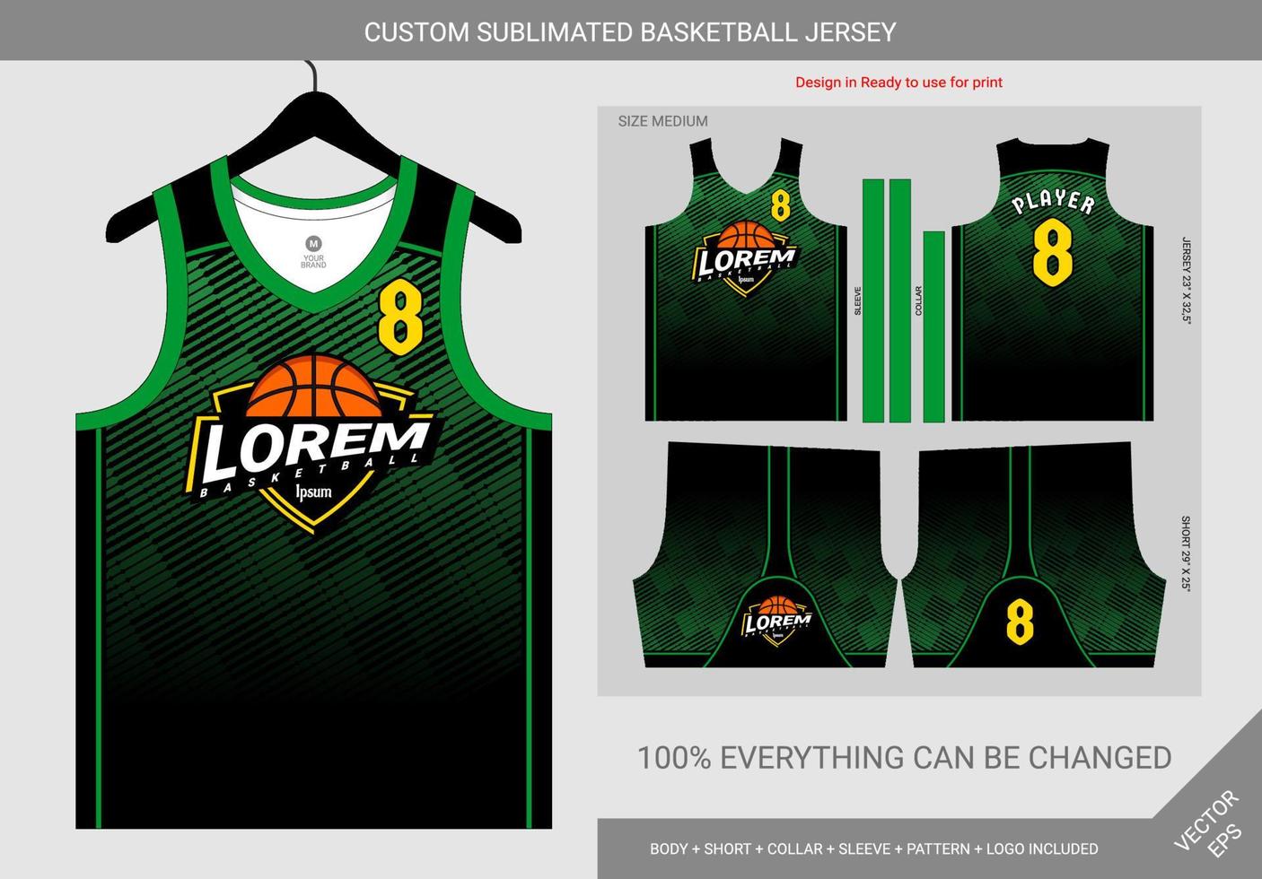 plantilla de camiseta de baloncesto de patrón negro y verde vector