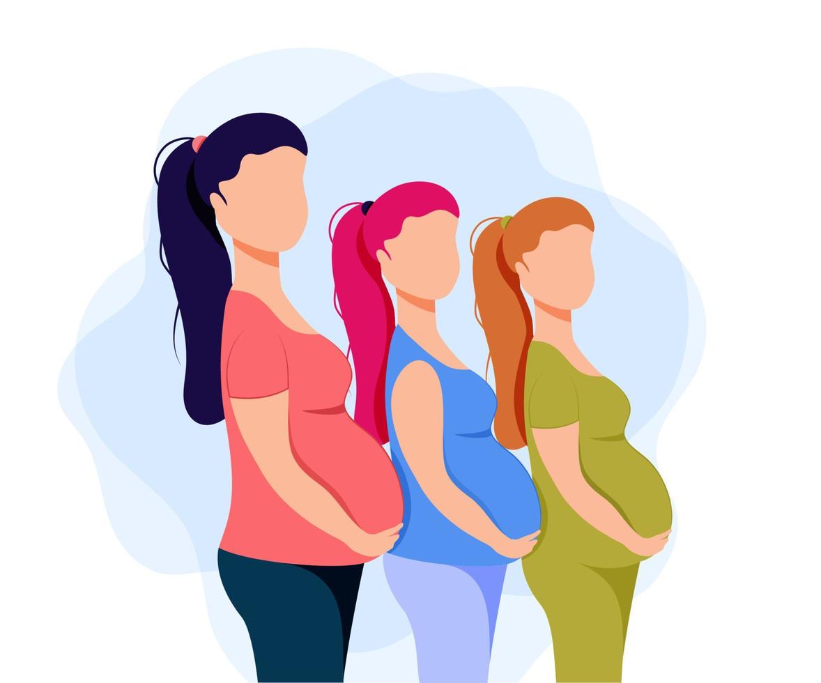 las niñas se paran en una fila embarazadas. estilo plano nacimiento de un niño. feto. ilustración de stock vectorial. un personaje sin rostro. mujer joven vector