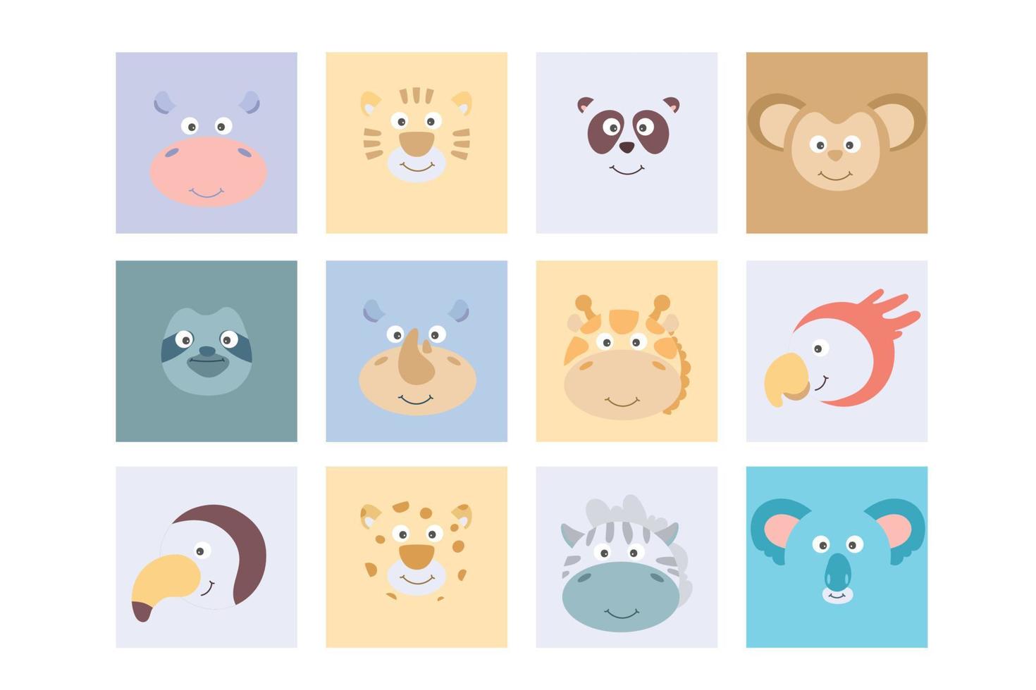 Cute animal faces set. Animal square face ui. giraffe,  zebra, parrot, hippo, monkey, sloth, rhino, panda, tiger, panda, toucan. heads wild animal. cute simple icon set. Memo. Funny cartoon Muzzles vector