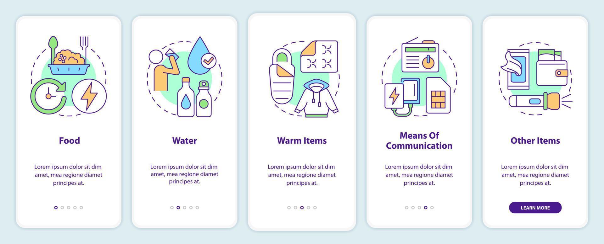 Supplies to survive in occupation onboarding mobile app screen. War walkthrough 5 steps graphic instructions pages with linear concepts. UI, UX, GUI template. vector