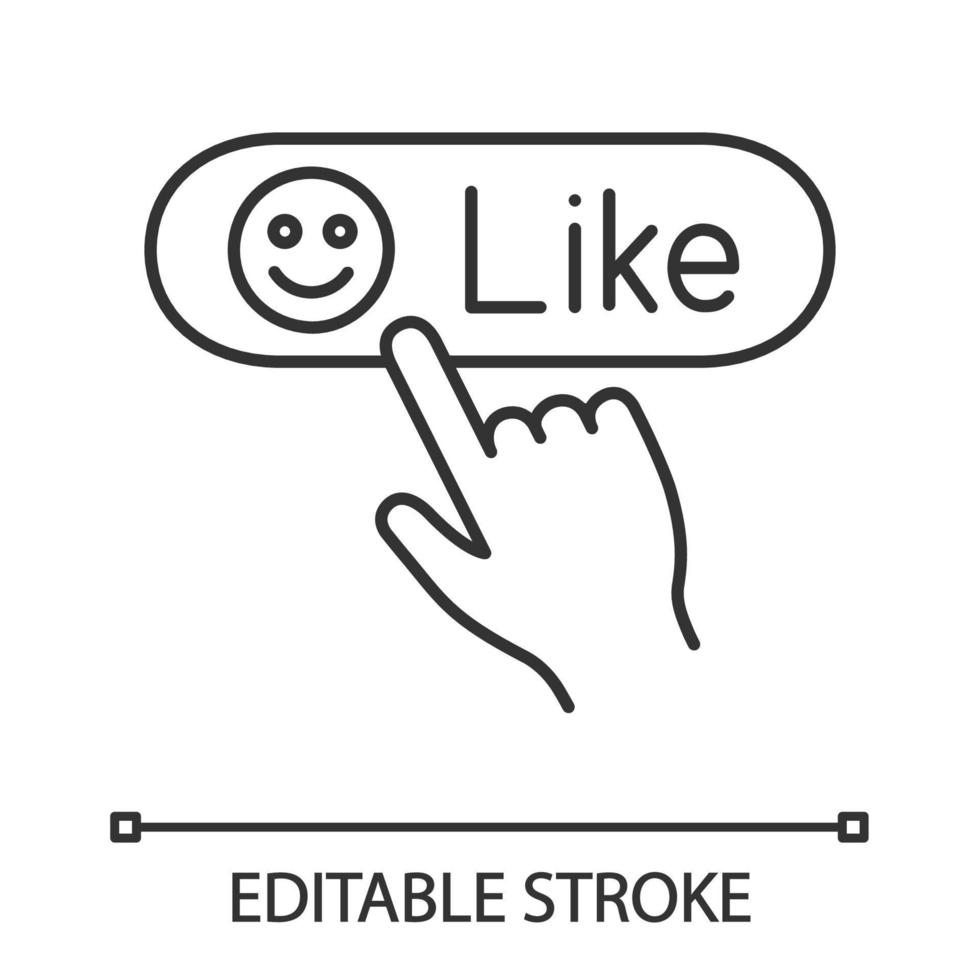 Like button click linear icon. Thin line illustration. Positive comment. Hand pressing button. Contour symbol. Vector isolated outline drawing. Editable stroke