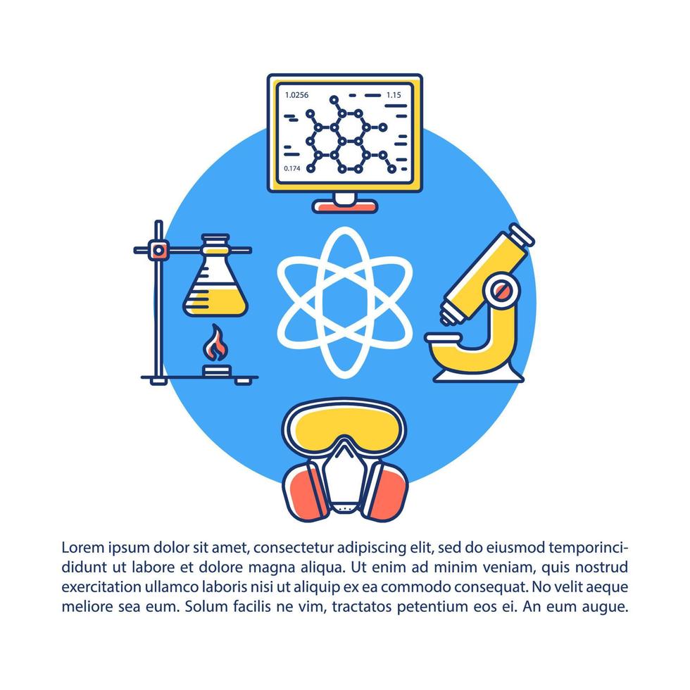 Chemicals industry article page vector template. Scientific research. Brochure, magazine, booklet design element with linear icons and text boxes. Print design. Concept illustrations with text space