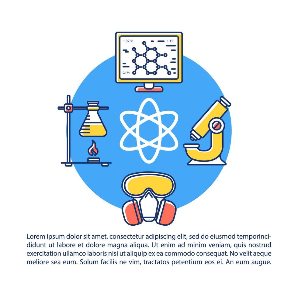 plantilla de vector de página de artículo de industria química. investigación científica. folleto, revista, elemento de diseño de folleto con iconos lineales y cuadros de texto. diseño de impresión. ilustraciones conceptuales con espacio de texto