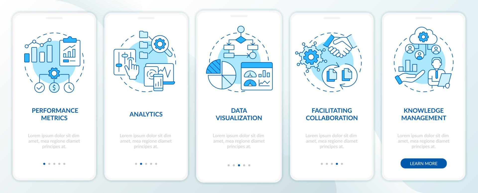 Business intelligence functions blue onboarding mobile app screen ...
