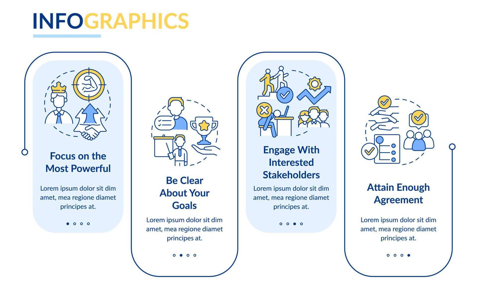 plantilla de infografía de rectángulo azul de participación de las partes interesadas. visualización de datos con 4 pasos. gráfico de información de la línea de tiempo del proceso. diseño de flujo de trabajo con iconos de línea. vector