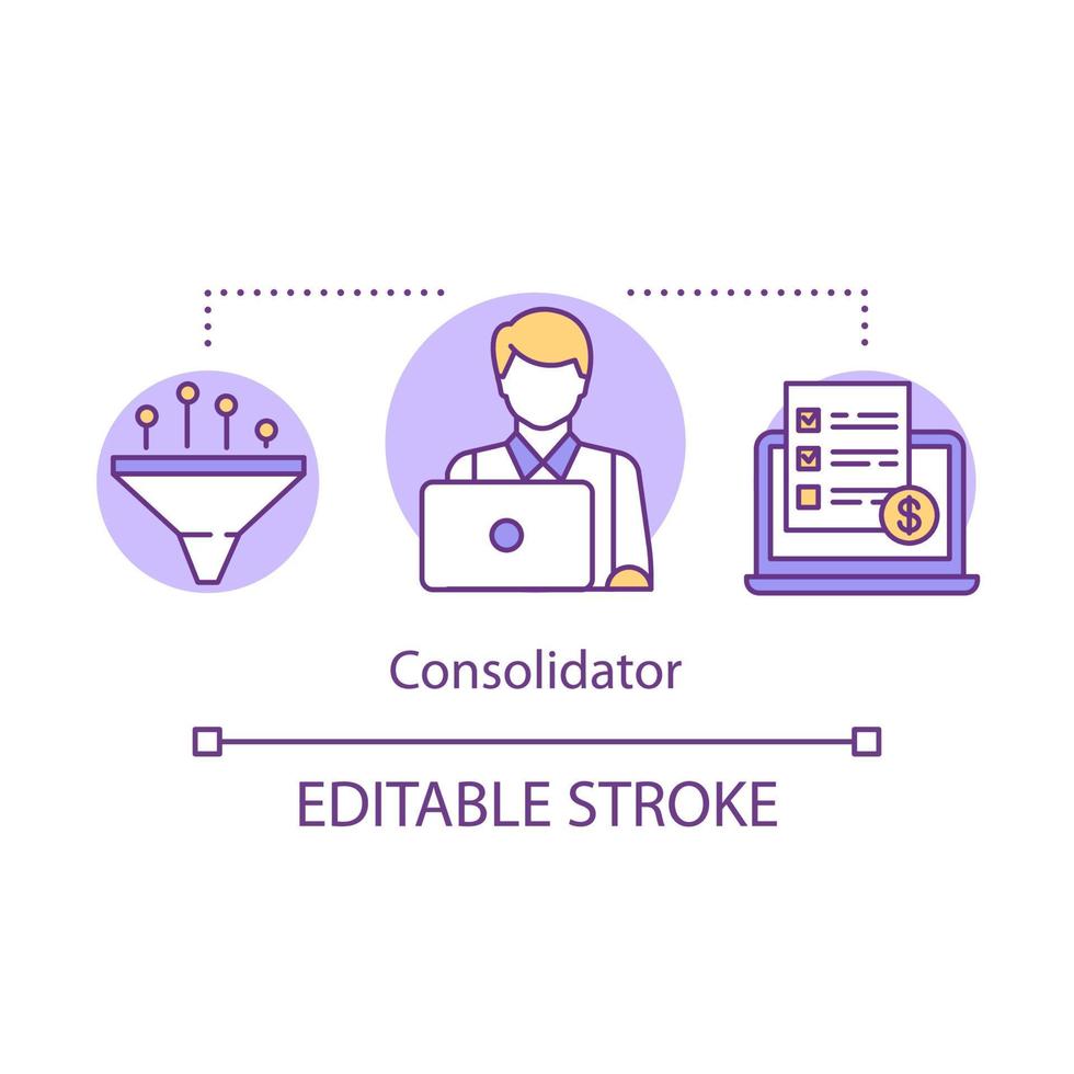 Consolidator service concept icon. Gathering payment information, active finances idea thin line illustration. Online accounting company services. Vector isolated outline drawing. Editable stroke