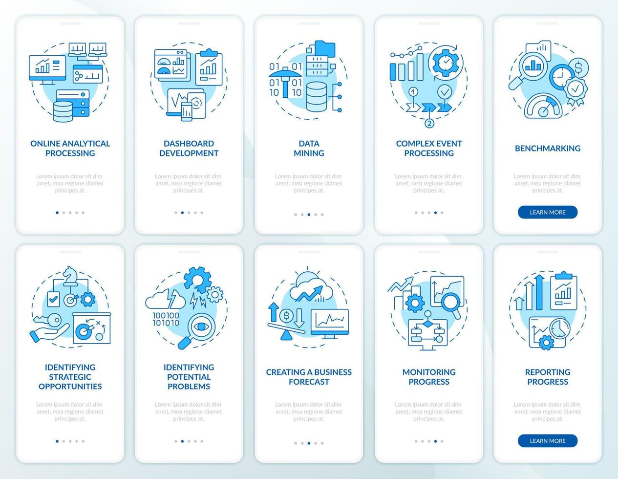 conjunto de pantalla de aplicación móvil de integración azul de inteligencia y análisis empresarial. tutorial 5 pasos páginas de instrucciones gráficas con conceptos lineales. interfaz de usuario, ux, plantilla de interfaz gráfica de usuario. vector