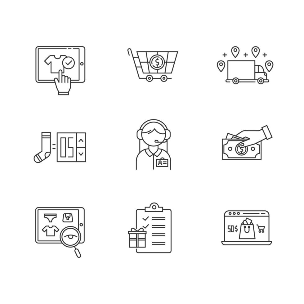 E commerce linear icons set. Online shopping. Searching, buying and ordering goods. Internet shop, online store app. Thin line contour symbols. Isolated vector outline illustrations. Editable stroke