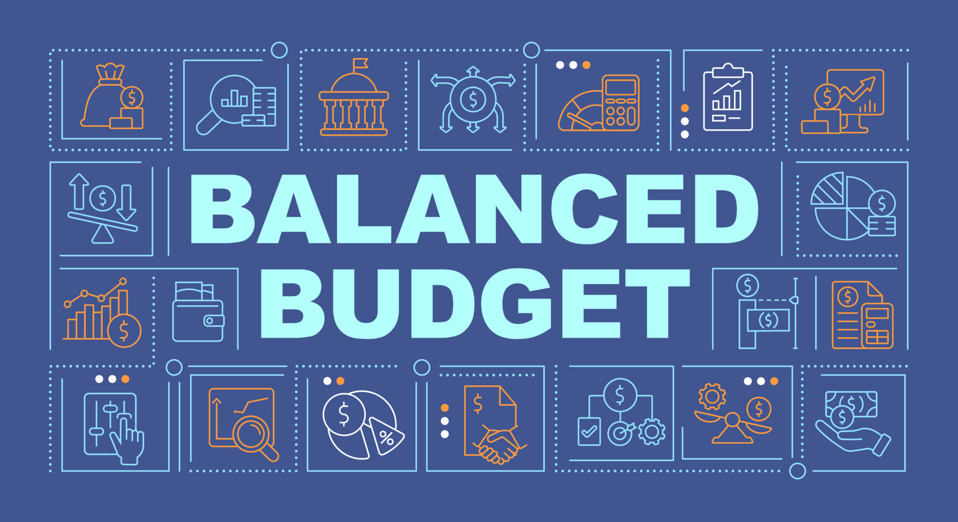 Balanced budget word concepts blue banner. Financial planning