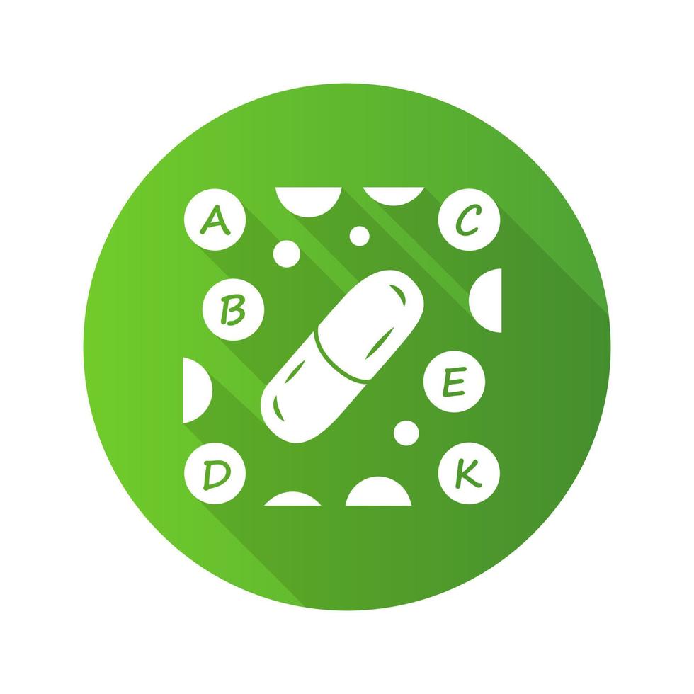 Vitamin pills green flat design long shadow glyph icon. A, B, C, D, E, K multi vitamins complex. Multivitamin medication. Vital minerals. Healthcare and medicine. Vector silhouette illustration