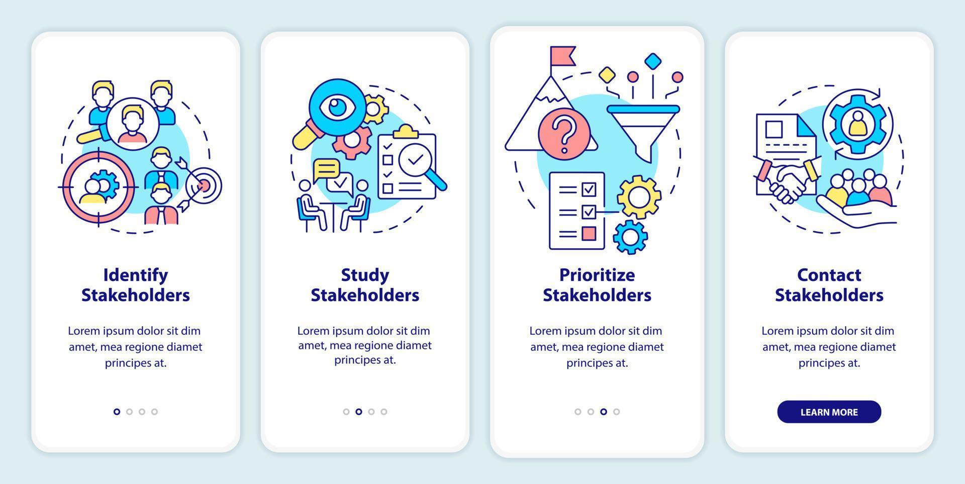 Steps of stakeholder relations onboarding mobile app screen. Walkthrough 4 steps graphic instructions pages with linear concepts. UI, UX, GUI template. vector