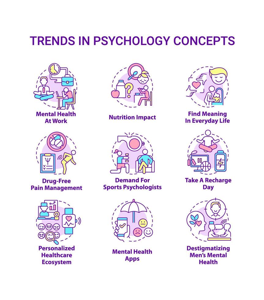 Trends in psychology concept icons set. Innovations in mental health improving idea thin line color illustrations. Isolated symbols. Editable stroke. vector