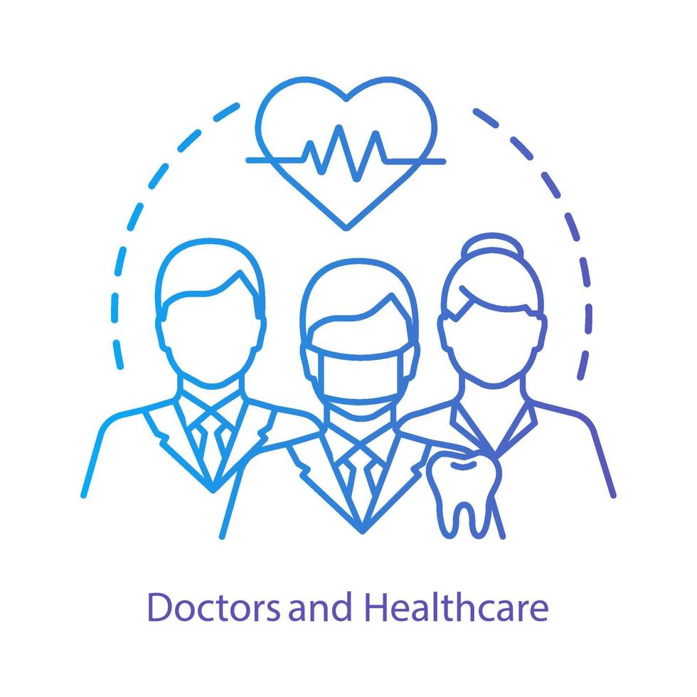 Healthcare, therapists concept icon. Medical workers, cardiologists, dentists in uniform idea thin line illustration. Health monitoring, control. Vector isolated outline drawing. Editable stroke