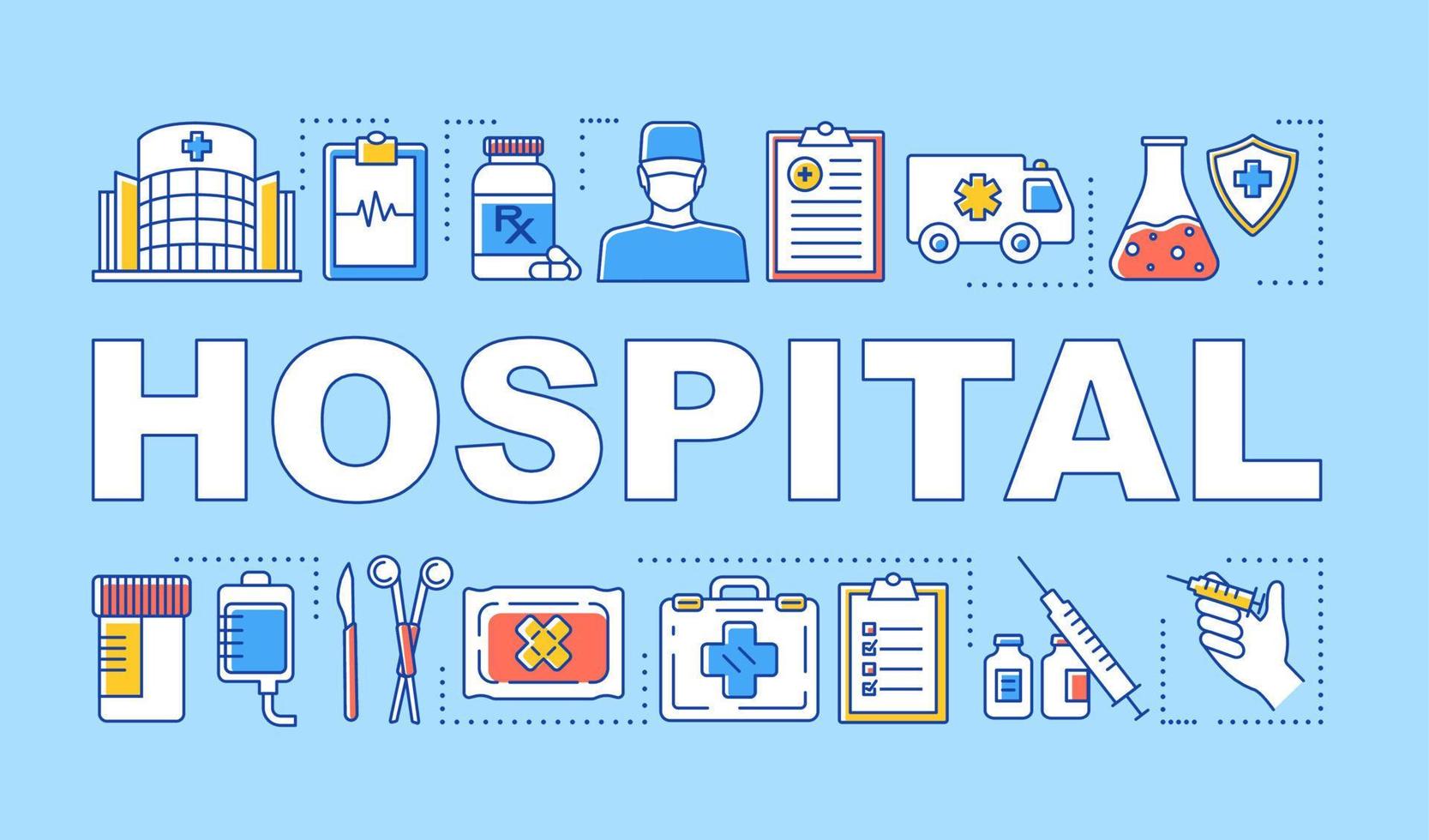 banner de conceptos de palabras de hospital. servicios médicos. terapia, cirugía, tratamiento. presentación, sitio web. idea de tipografía de letras aisladas con iconos lineales. ilustración de contorno vectorial vector