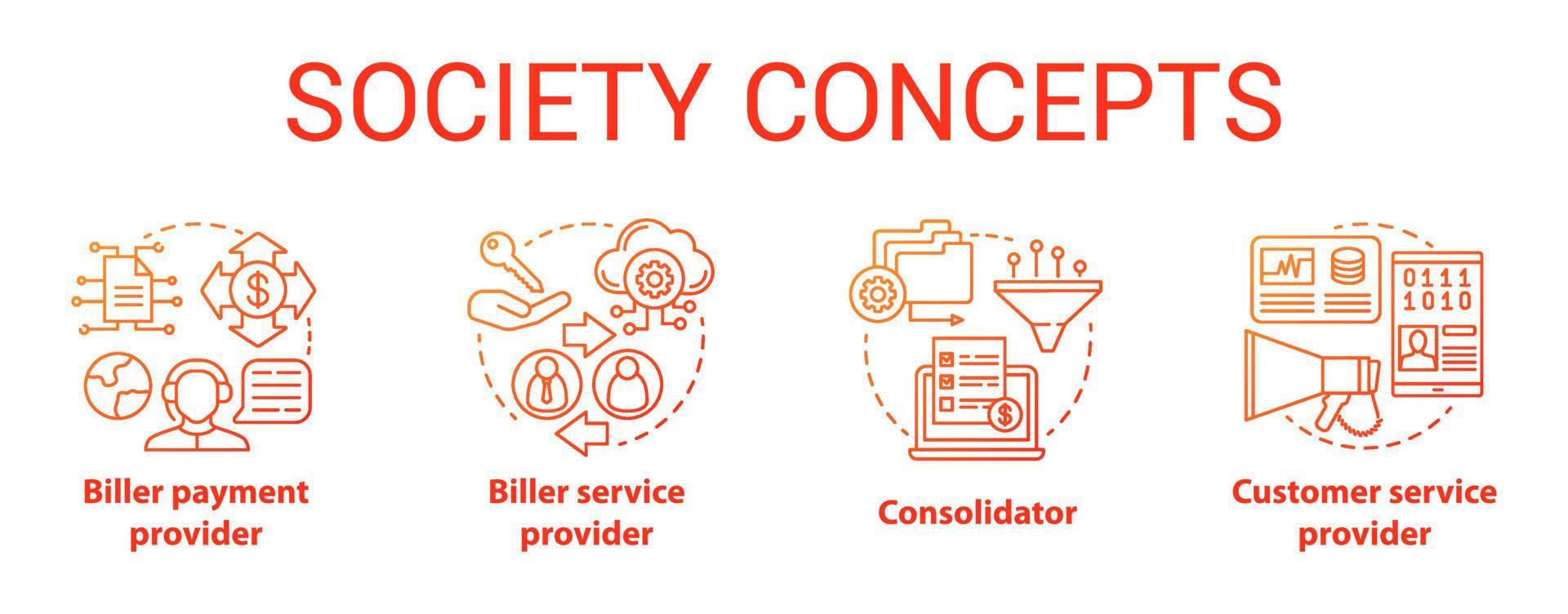 Billing concept icons set. Society idea thin line illustrations. Consolidator and customer service. E commerce. Biller payment and service provider. Vector isolated outline drawings. Editable stroke