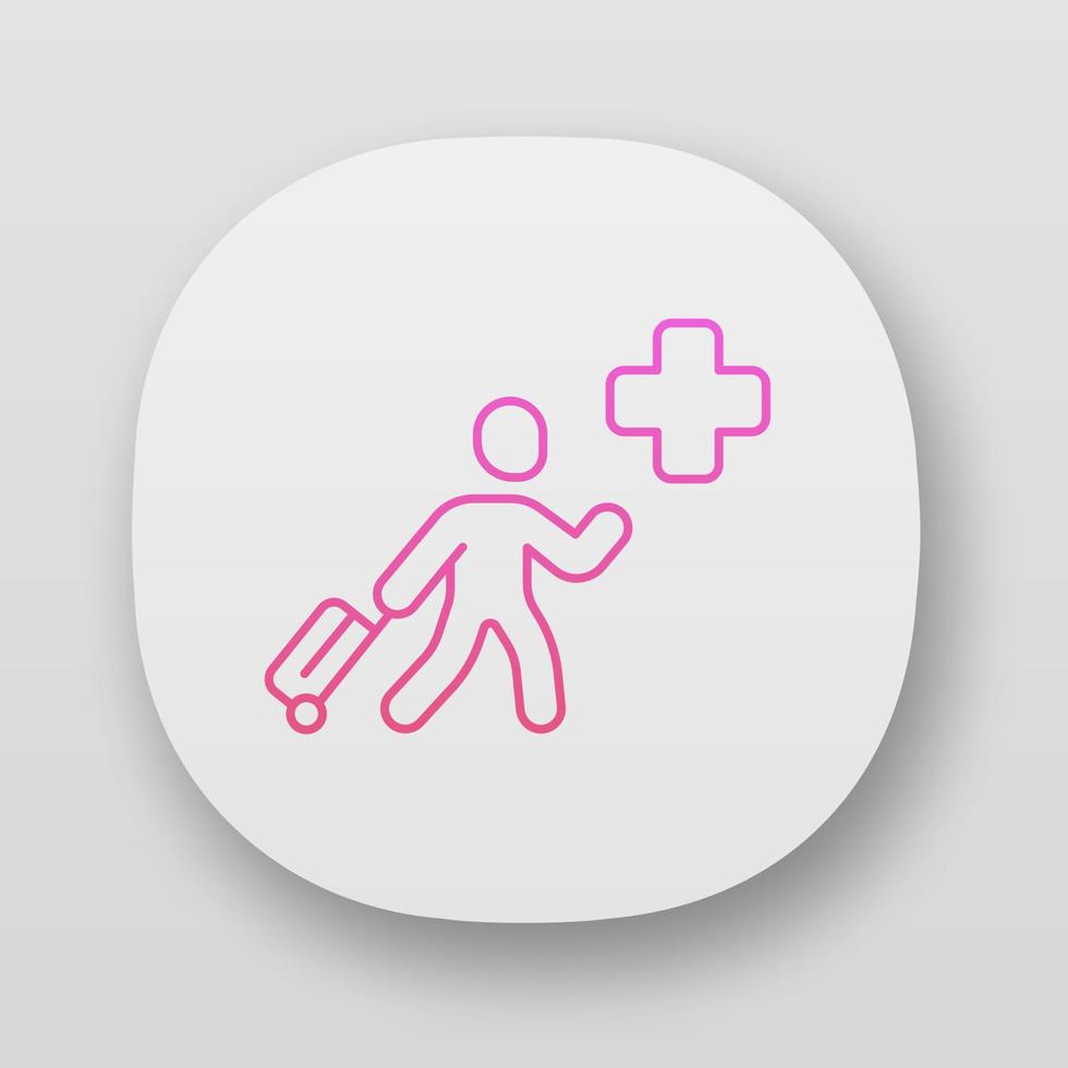 Humanitarian immigrant app icon. Refugee help. Emigrant with baggage. Travelling abroad. War victim evacuation. UI UX user interface. Web or mobile applications. Vector isolated illustrations