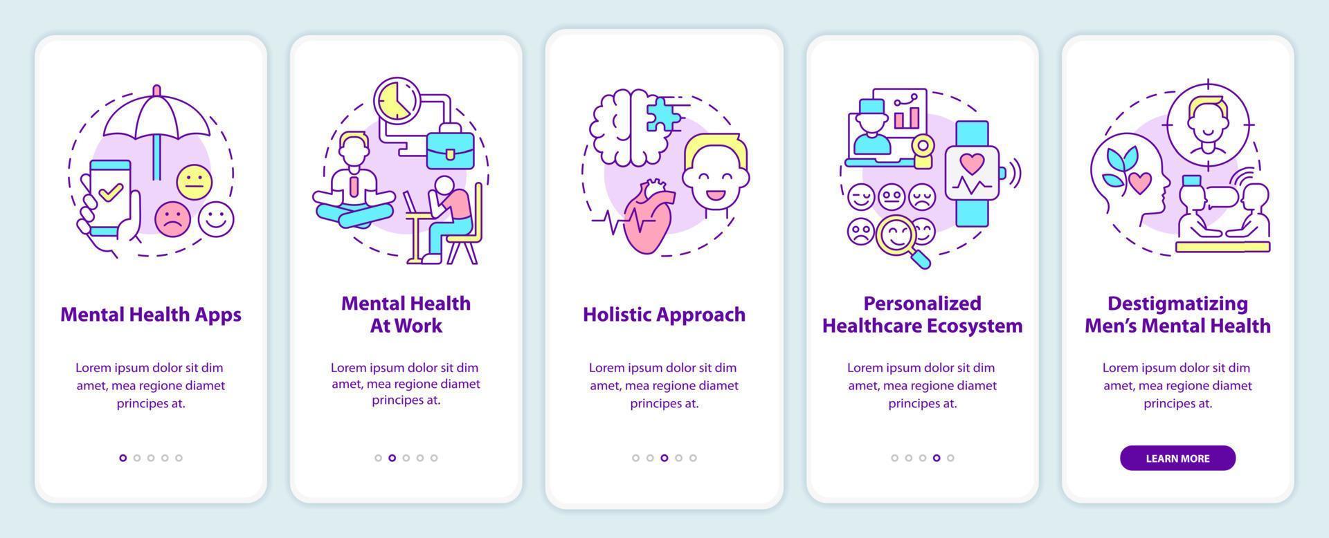 Mental health improving trends onboarding mobile app screen. Therapy walkthrough 5 steps graphic instructions pages with linear concepts. UI, UX, GUI template. vector