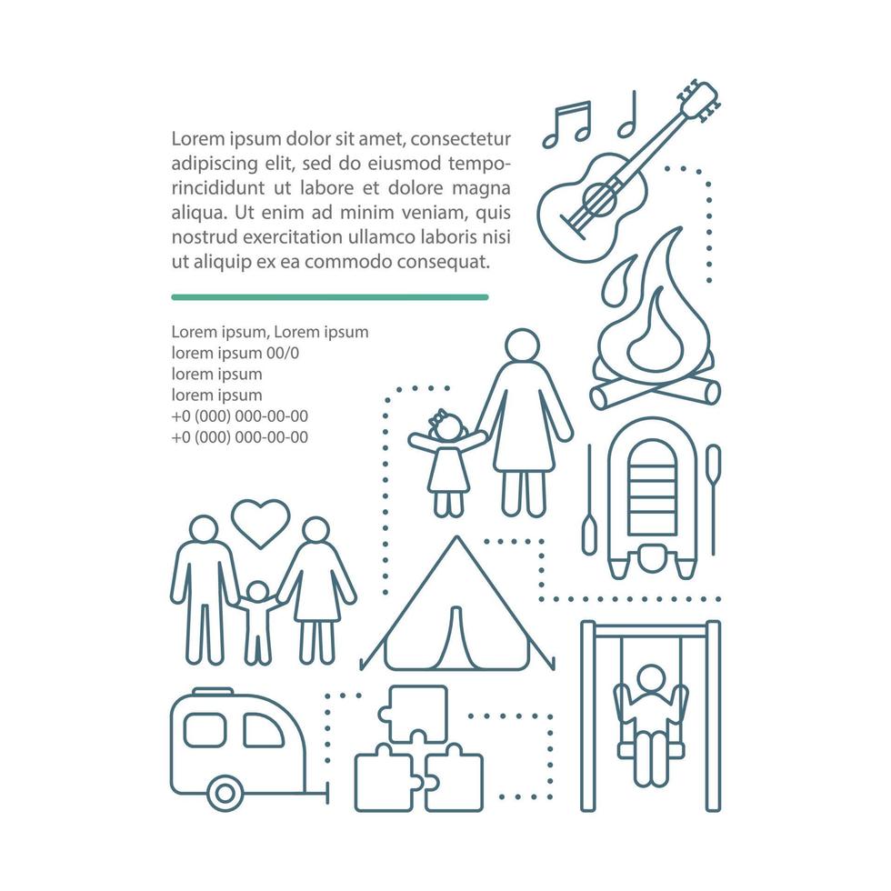 Family, children and parents camp article page vector template. Brochure, magazine, booklet design element with linear icons and text boxes. Print design. Concept illustrations with text space