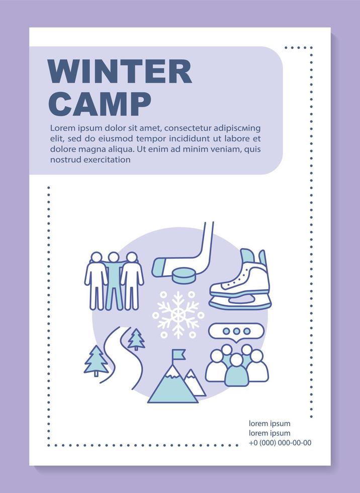 Active family winter camp, resort brochure template layout. Flyer, booklet, leaflet print design with linear illustrations. Vector page layouts for magazines, annual reports, advertising posters