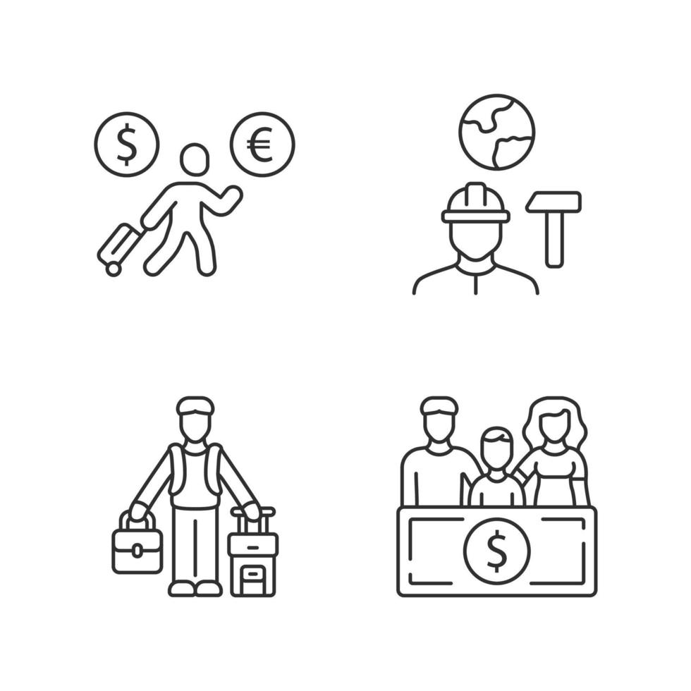 Immigrants linear icons set. Economic migrant, family sponsorship