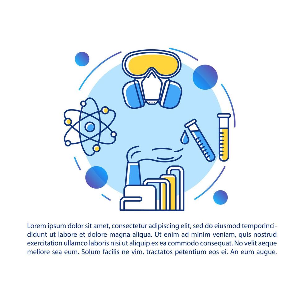 plantilla de vector de página de artículo de química nuclear industrial. folleto, revista, elemento de diseño de folleto con iconos lineales y cuadros de texto. diseño de impresión. ilustraciones conceptuales con espacio de texto