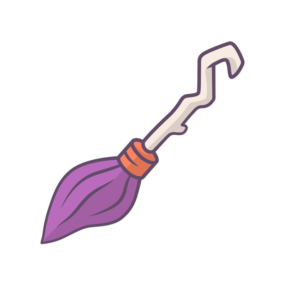 Witch broomstick purple color icon. Magical broom stick for hag, sorceress. Halloween magic item. Flying wooden broom, besom. Witchcraft sorcery tool. Isolated vector illustration