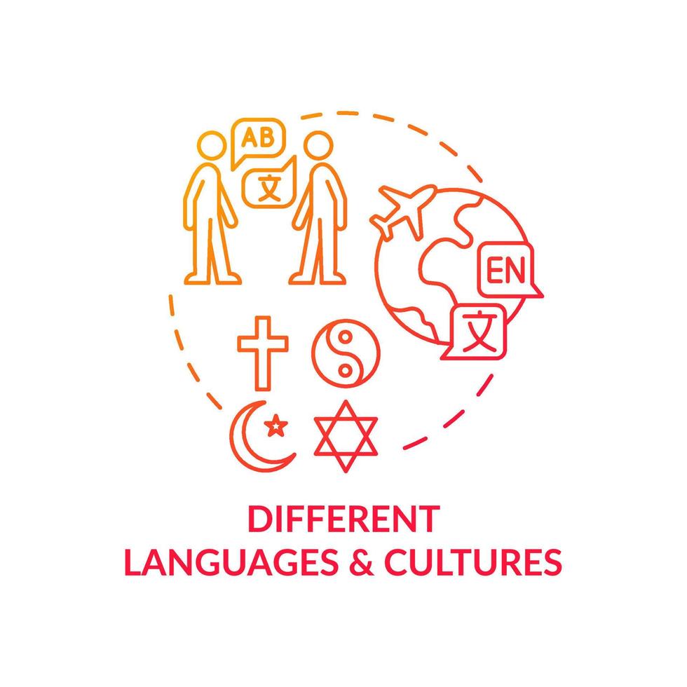 Different languages and cultures red gradient concept icon. Information industry difficulty abstract idea thin line illustration. Isolated outline drawing. vector