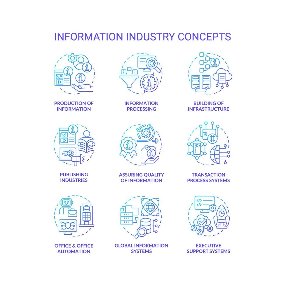 conjunto de iconos de concepto de gradiente azul de la industria de la información. idea de producción y procesamiento ilustraciones en color de línea delgada. calidad de información. símbolos aislados. vector