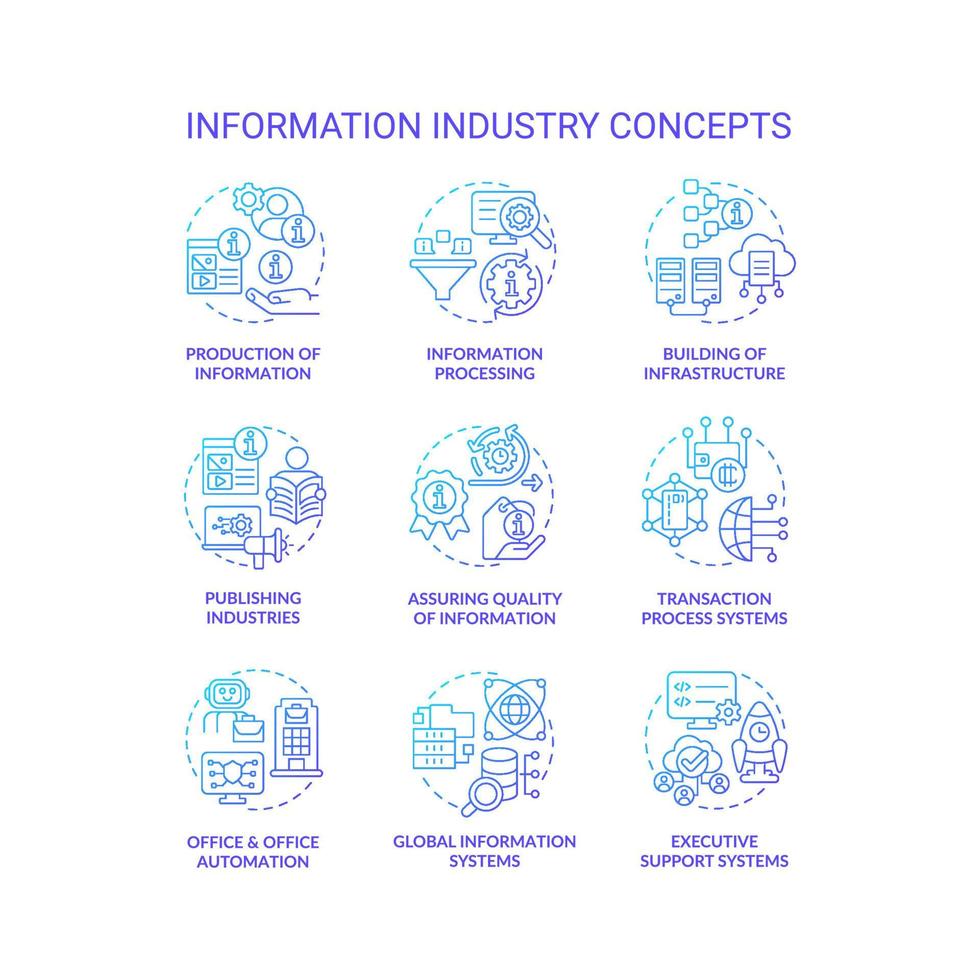 Information industry blue gradient concept icons set. Production and processing idea thin line color illustrations. Quality of info. Isolated symbols. vector