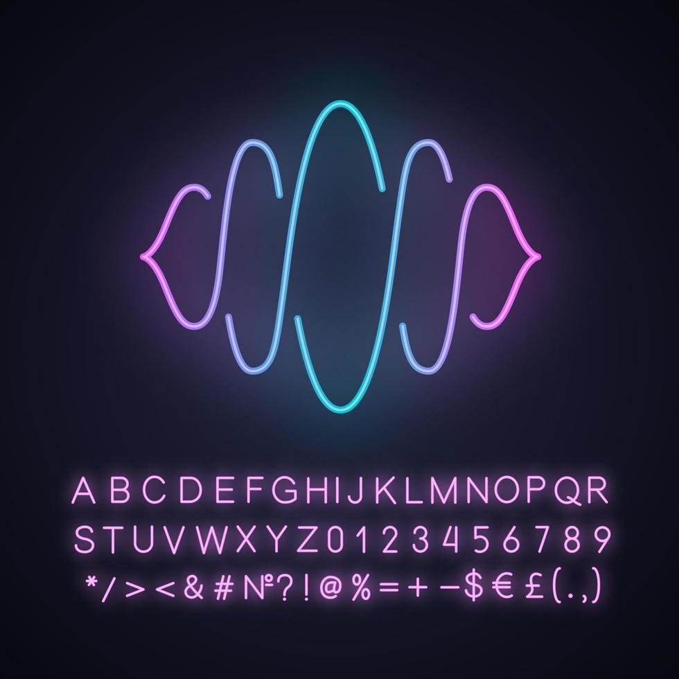 Abstract soundwave neon light icon. Sound, audio wave curves. Voice recording, noise level. Music rhythm, volume waveform. Glowing sign with alphabet, numbers and symbols. Vector isolated illustration