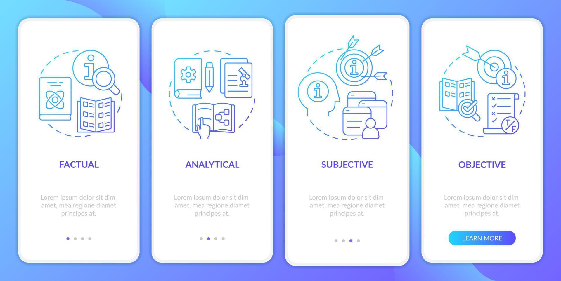 Information kinds blue gradient onboarding mobile app screen. Walkthrough 4 steps graphic instructions pages with linear concepts. UI, UX, GUI template. vector