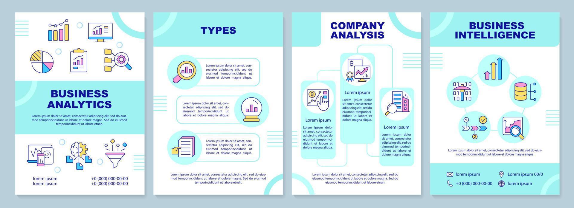 Business data analysis turquoise brochure template. Company management. Leaflet design with linear icons. 4 vector layouts for presentation, annual reports.