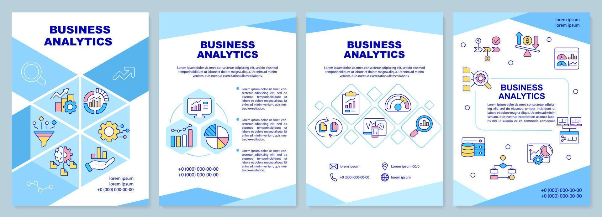 Business analytics blue brochure template. Increasing productivity. Leaflet design with linear icons. 4 vector layouts for presentation, annual reports.