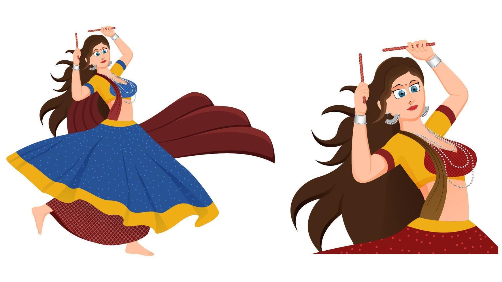 ilustración de vector de niña dandiya, niña con vestido tradicional con palos de dandiya, feliz vector navratri.