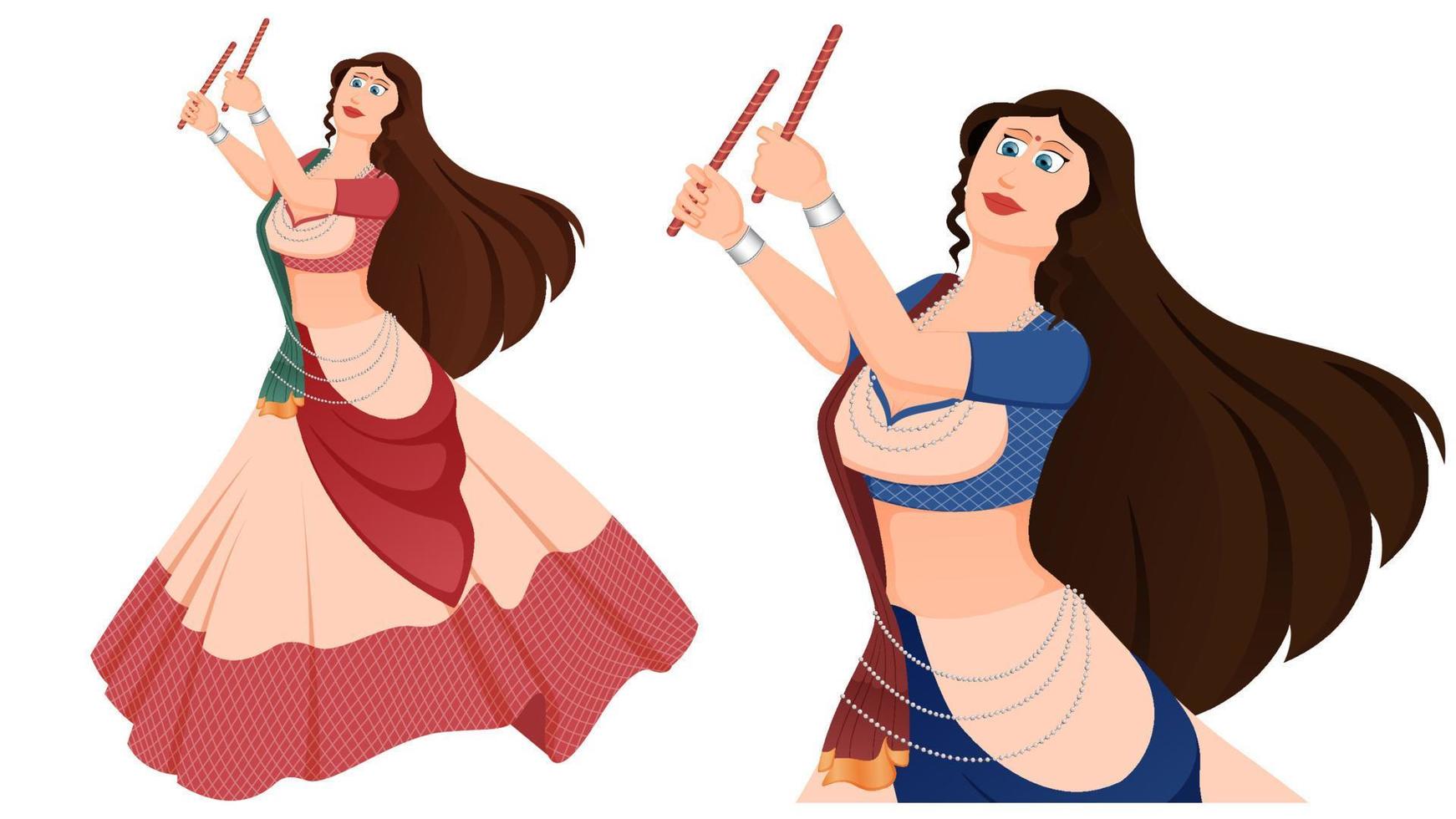 ilustración de vector de niña dandiya, niña con vestido tradicional con palos de dandiya, feliz vector navratri.