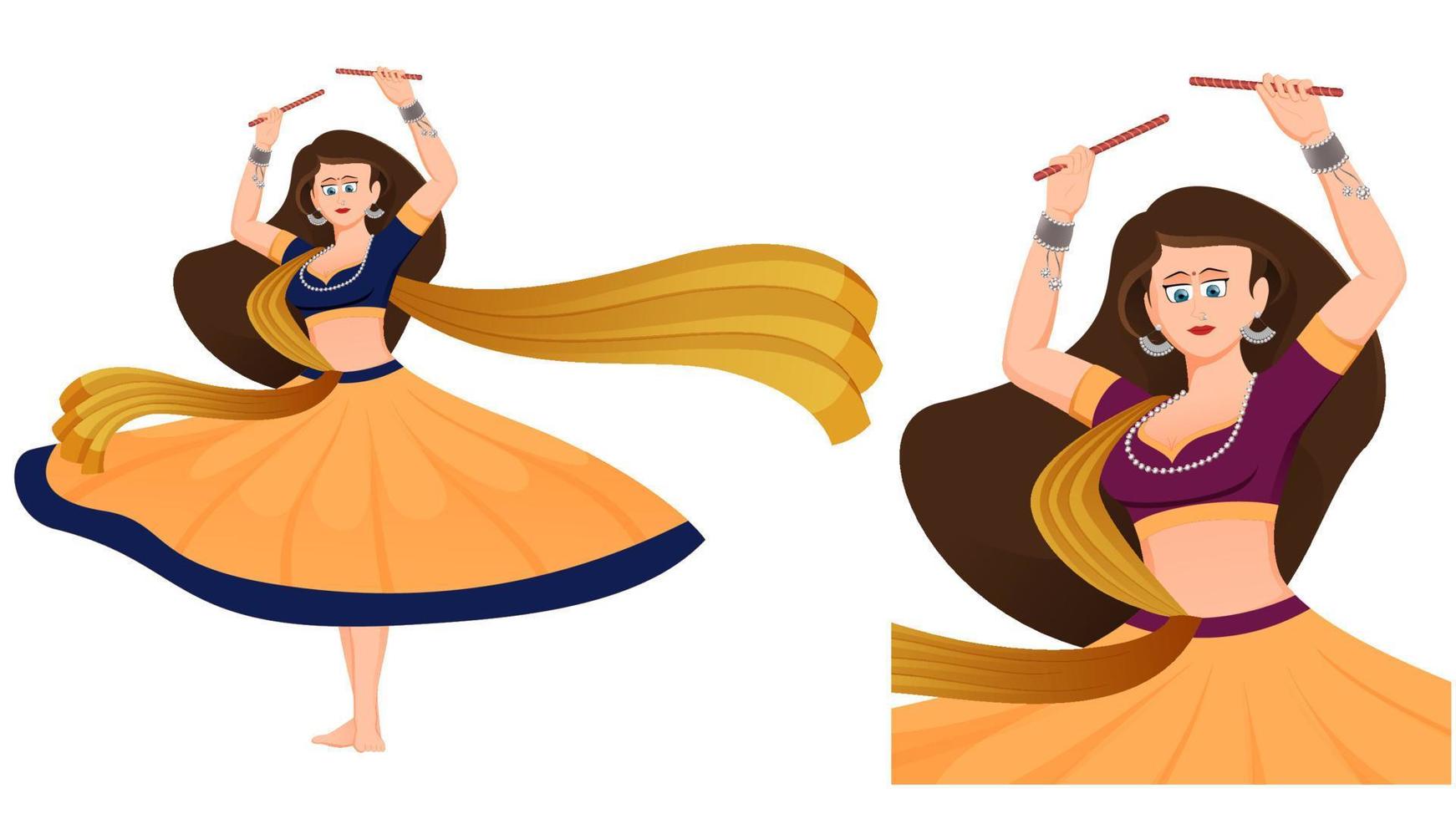 ilustración de vector de niña dandiya, niña con vestido tradicional con palos de dandiya, feliz vector navratri.