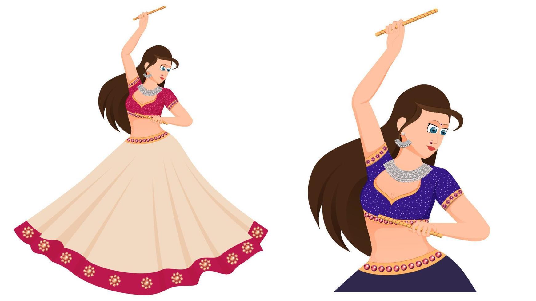 ilustración de vector de niña dandiya, niña con vestido tradicional con palos de dandiya, feliz vector navratri.