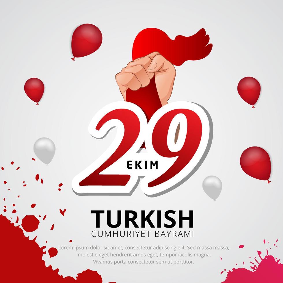 diseño de fondo del día de la república de turquía de celebración con bandera de mano y vector de globo