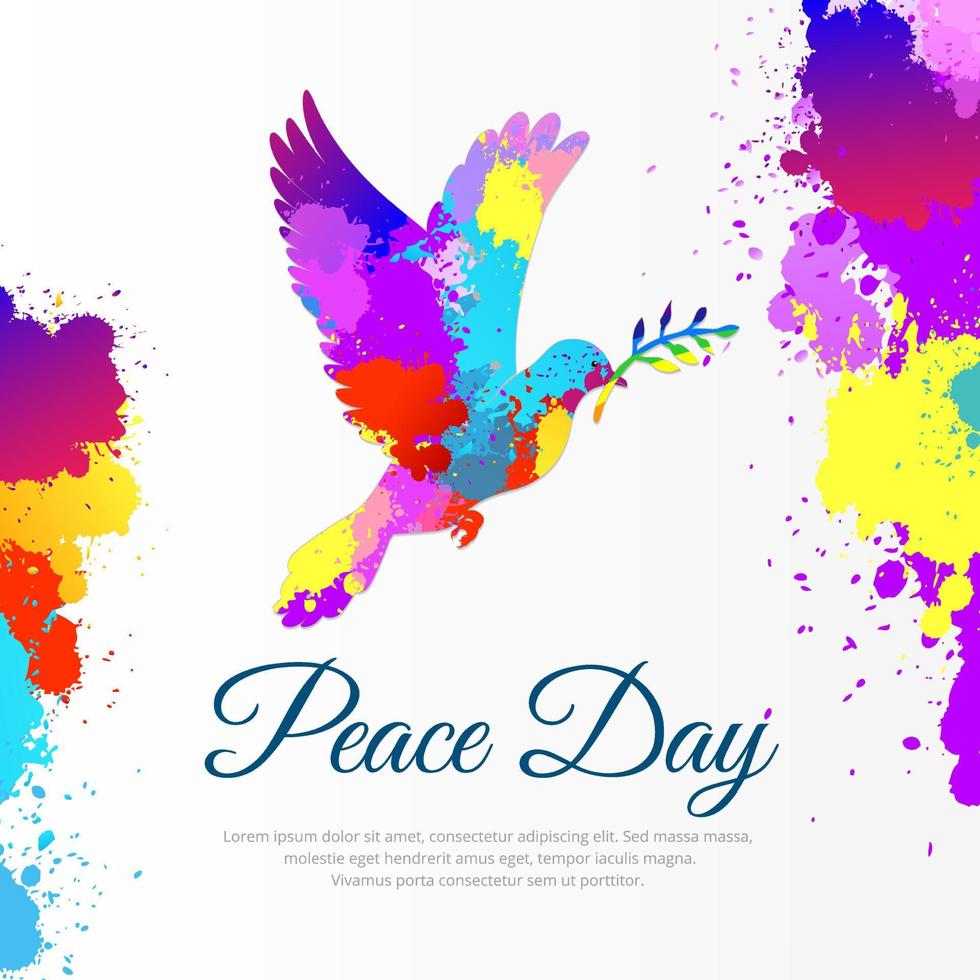feliz día internacional de la paz diseño de fondo con paloma volando y vector de rama