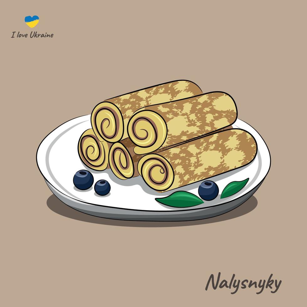 A dish of national Ukrainian cuisine, nalysnyky, pancakes with curd filling on a white plate, a flat vector on a beige background