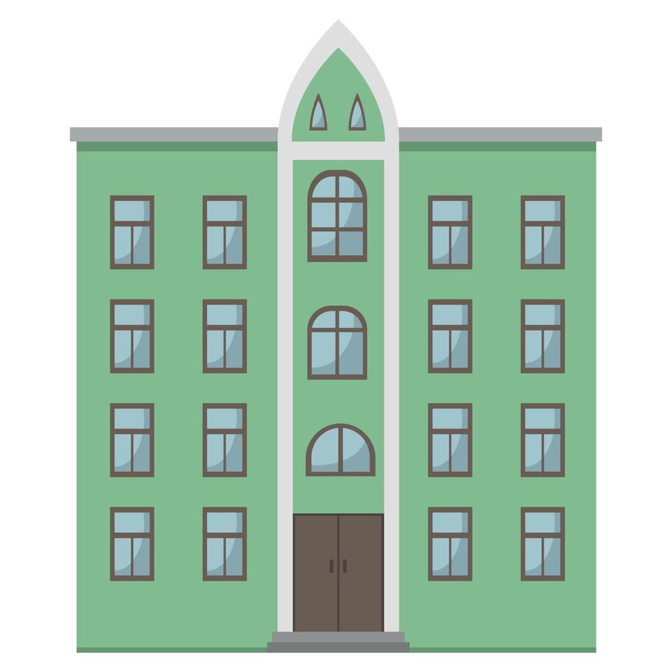 Urban tenement green house with brown elements, flat vector, isolated on white background vector
