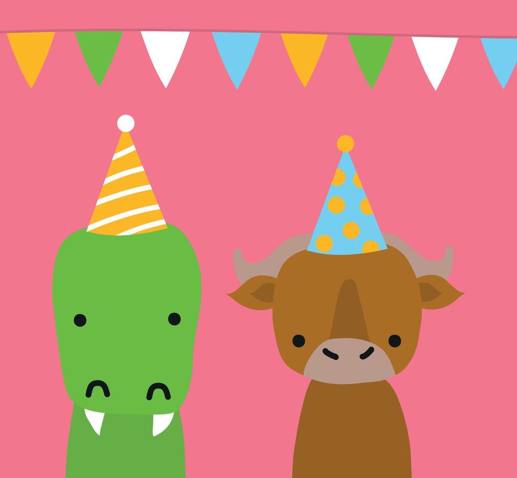 Crocodile and yak birthday party vector illustration