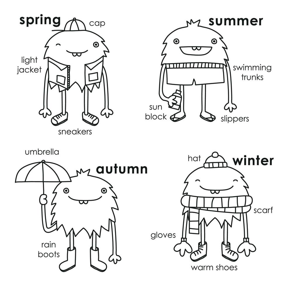 Monsters in seasonal outfits vector illustration