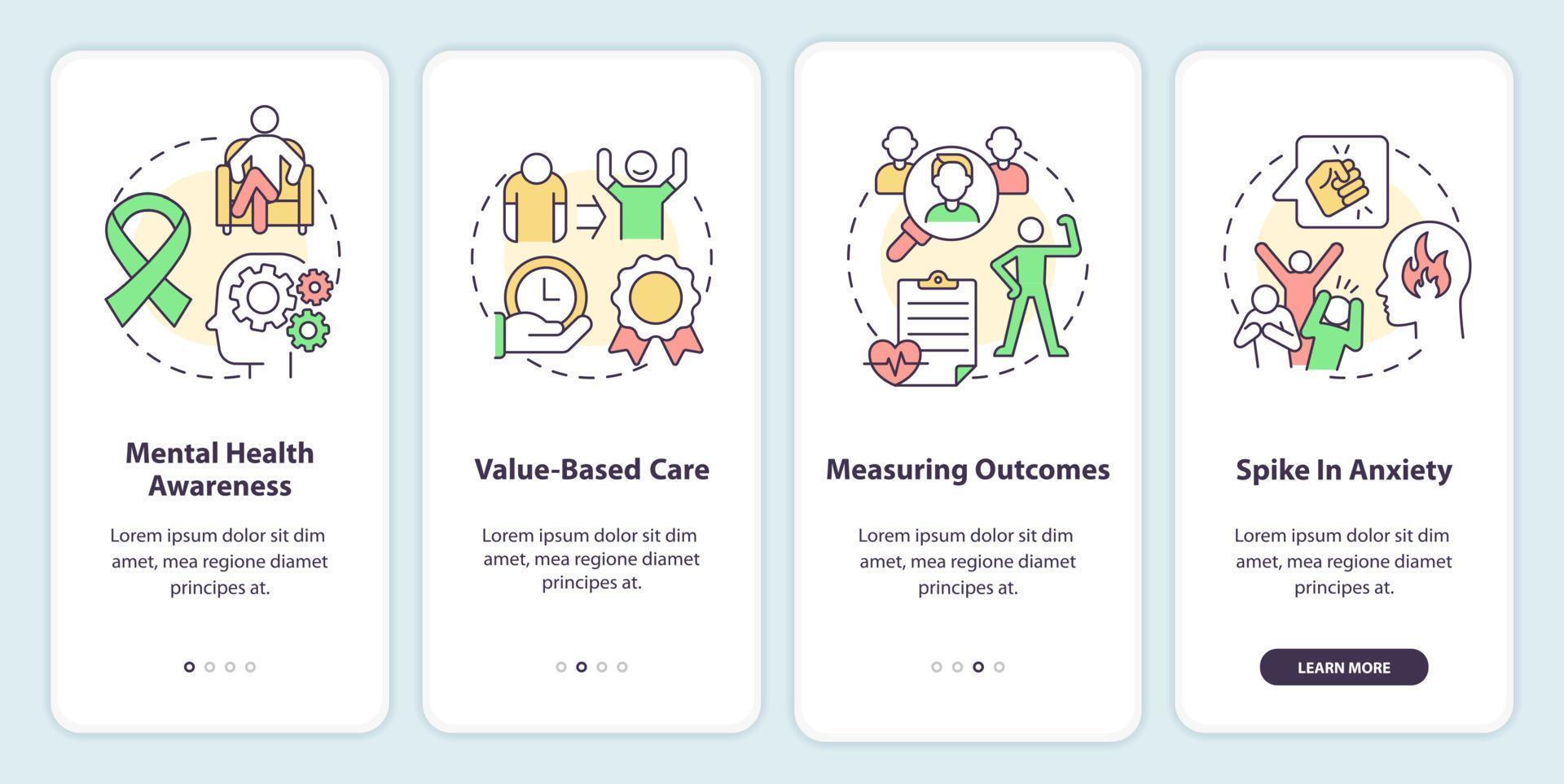 tendencias de comportamiento al incorporar la pantalla de la aplicación móvil. tutorial de salud mental páginas de instrucciones gráficas de 4 pasos con conceptos lineales. interfaz de usuario, ux, plantilla de interfaz gráfica de usuario. vector