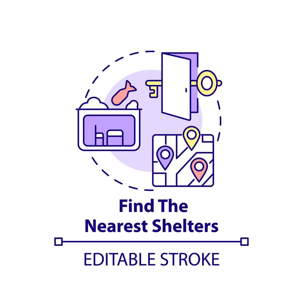 Find nearest shelters concept icon. Hide to save life. Actions during war abstract idea thin line illustration. Isolated outline drawing. Editable stroke. vector